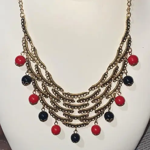 NWT Golden Layered Bib Necklace with Red & Black Beaded Accents Red