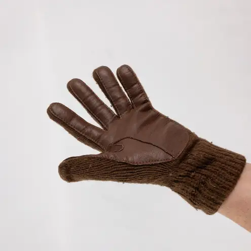 Aris Vintage Brown Knit Fabric Vinyl Patch Gloves Womens One Size