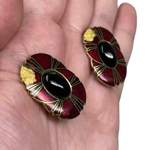Vintage Unsigned Red Gold Black Clip On Earrings Classy Retro Glamour Party Glam