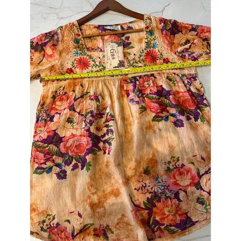 NWT Vintage Goa Square Neck Embroidered Floral Boho Top in Mango Women size Med Orange