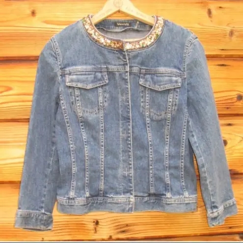 Tahari Blue Denim Beaded Jean Jacket