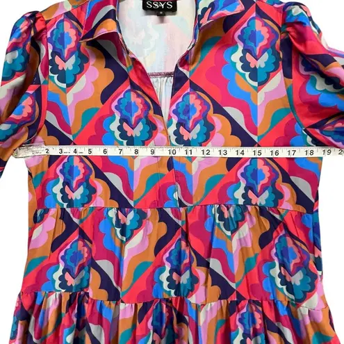 SSYS The Label Midi Dress S Multicolor Abstract High Waist Tier Colorful Resort Pink