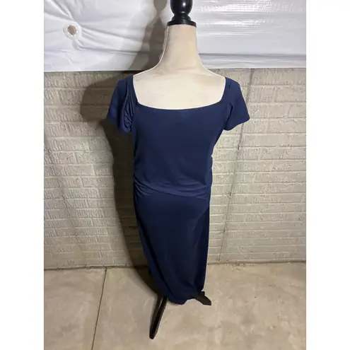 Mother Bee Maternity Navy Ruched Maxi Dress Short Sleeve Scoop Neck Size L Blue