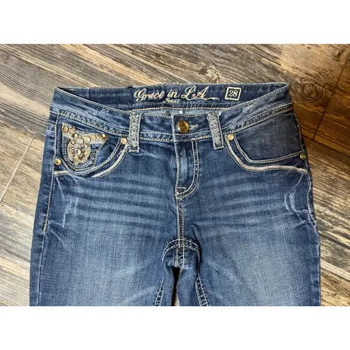 GRACE IN LA Embellished Bling Jeans Womens SZ 28 Blue Denim Rhinestone Rodeo Y2K