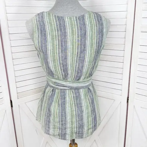 Kasper Linen Striped Tie Waist Sleeveless Tank Top Shirt Green Blue 8