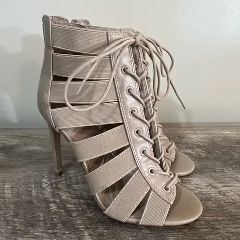 mix no. 6  Anunia Strappy Stiletto Lace Up Heels Shoes Women’s Size 8 Beige Tan