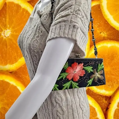 Black Beaded Strap Clutch with Felt Flowers and Beads