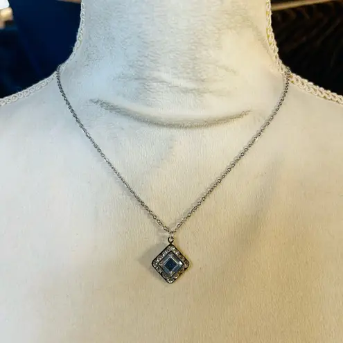 Handmade Handcrafted vintage emerald cut halo clear glass stone pendant on chain necklace