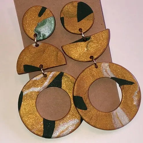 Geometric Gold Tone Shimmer and Green Retro Boho Clay Statement Earrings