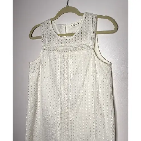 Solitaire White Shift Eyelet Lace Sleeveless White Lined Casual Cotton Dress S - Image 3