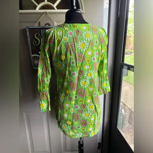 Vintage flower power green pink yellow cotton tunic, size medium