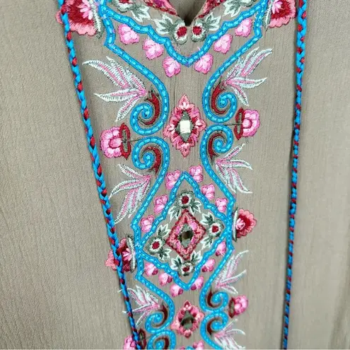 Soft Surroundings NEW PM 10-12 Sicily Guaze Boho Embroidered Maxi Dress in Olive