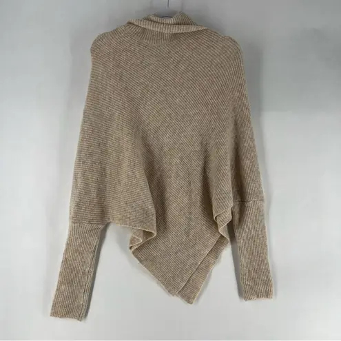 Ribbed Turtleneck Dolman Long Sleeve Triangle Hem Poncho Sweater Tan Size L