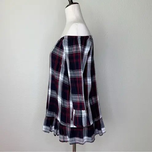 FOR THE REPUBLIC Plaid Off Shoulder Bell Sleeves Peplum Top
