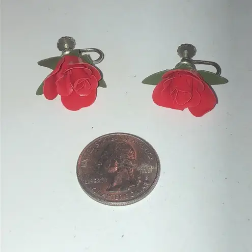 Vintage Red & Green Plastic 3D Flower Boho Screw Back Earrings