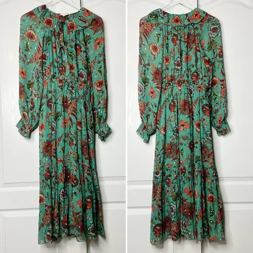 Ulla Johnson Audette Tiered Floral Silk Chiffon Dress Aqua Multi Size 6