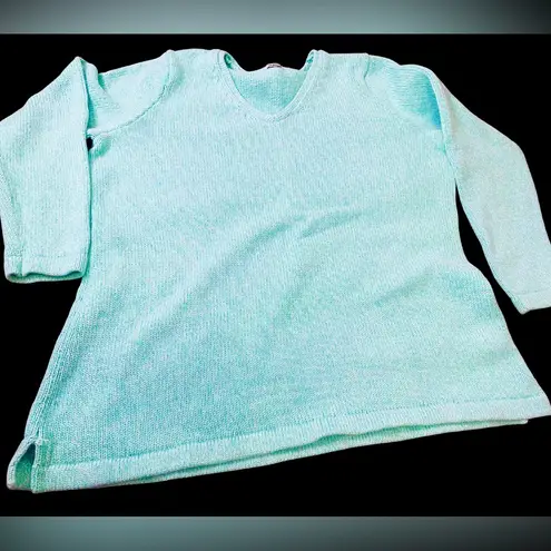 LL Bean Pullover V Neck Sweater 100% Cotton Womens Medium Mint Green Blue Size XL
