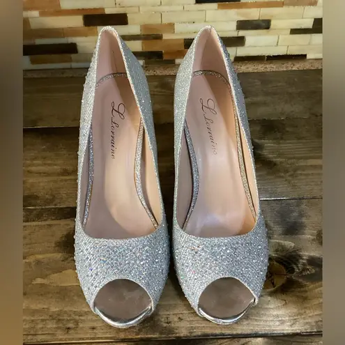 Lauren Lorraine Rhinestone peep toe heels. Size 7.5 Silver