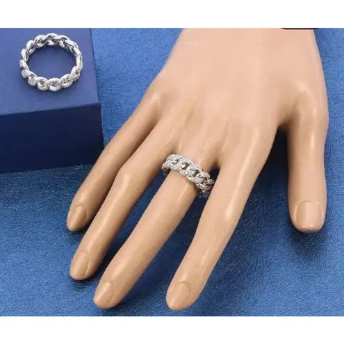 Boutique 8mm Iced White Gold‎ Plated Sterling Cuban Chain Ring, Adjustable