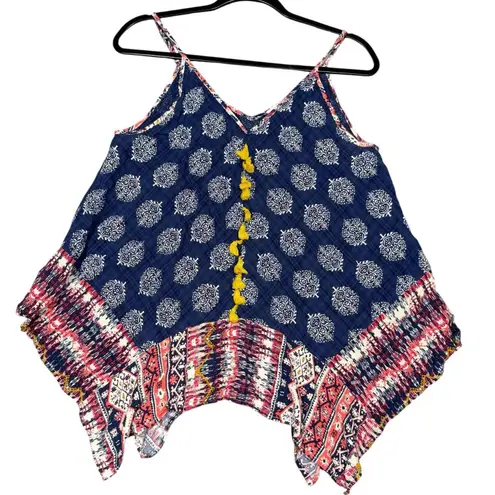 THML Navy Boho Tank Top with Yellow Tassels Handkerchief Hem M