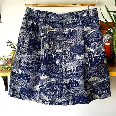 Vintage Navy Blue Flowy Pleated Golf Print Long Bermuda Shorts Fits Size 6