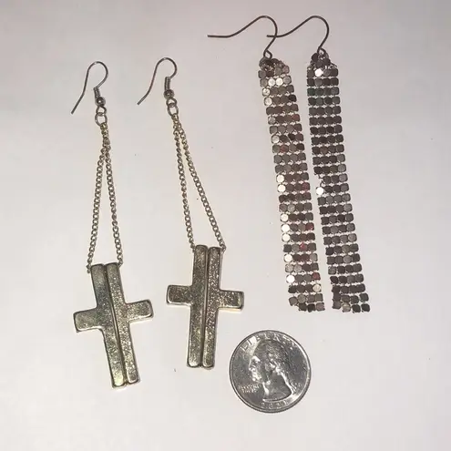 Gold Tone Boho Cross Dangle Brass Tone Mesh Earrings