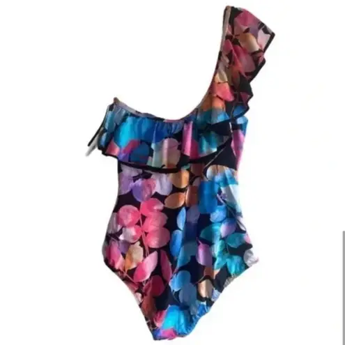New! Profile by Gottex Color Rush Black Ruffle One Shoulder One Piece Swimsuit Size 12