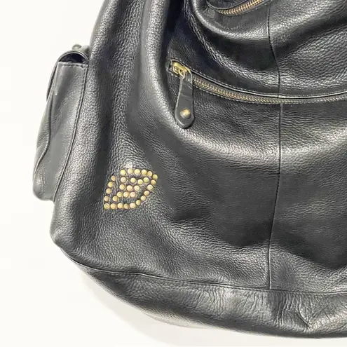 Betsey Johnson  Vintage Black Pebbled Leather Studded Large Hobo Bag