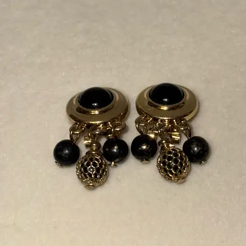 Liz Claiborne  Clip On Earrings w Beaded Dangles Black & Gold Tone