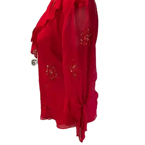 Camille La Vie Red Ruffle Embroidered Floral Print with Sequins Lightweight M