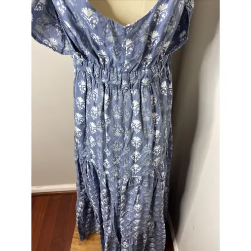 Madison Mathews Blue Floral Block Print Sleeveless Drop Waist Maxi Dress Medium