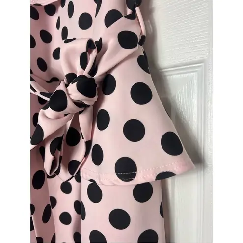 Pretty Little Thing  Light Pink Polka Dot Bardot Peplum Midi Bodycon Dress Sz 12