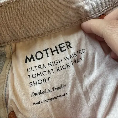 MOTHER Ultra High Waisted Tomcat Kick Fray Denim Shorts Washed Light Pink 29