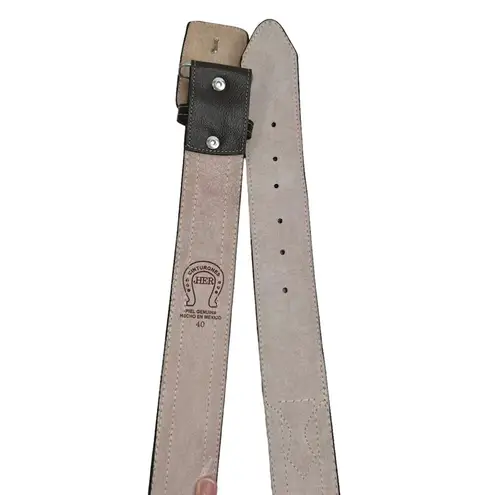 Brown Genuine Leather Calf Hair Aztec Ribbon Trim Belt Size 40