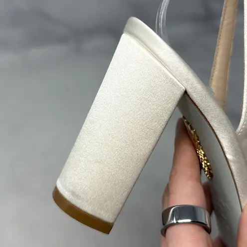 Aquazzura Nina 85 Silk Satin Knot Ankle Strap Block Heel Sandals Bridal White Size 6.5