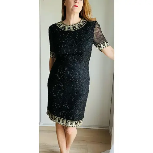 Vintage 80s Silk Beaded Sheath Dress, Formal, Black Tie Cocktail Kazar Blk/Gld Size 6