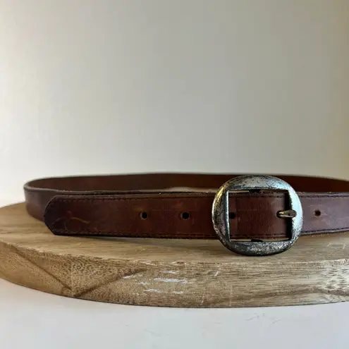 1995 Brown Distressed Genuine Leather Silver Solid Brass Buckle Belt Size Large