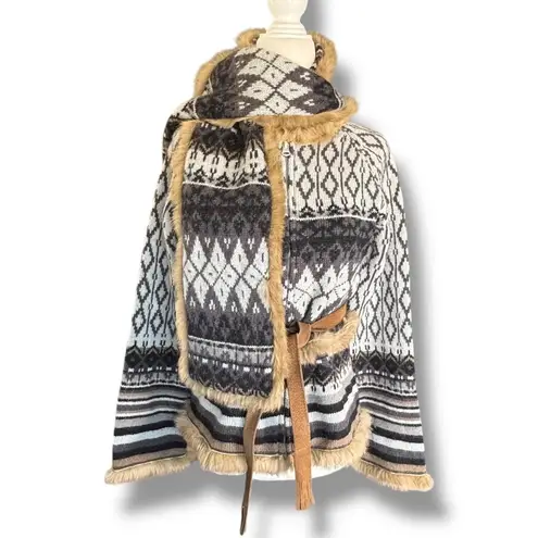 Vintage Y2K Fair Isle Shetland Wool Cardigan Rabbit Fur Trim Belted Scarf Nordic Gray