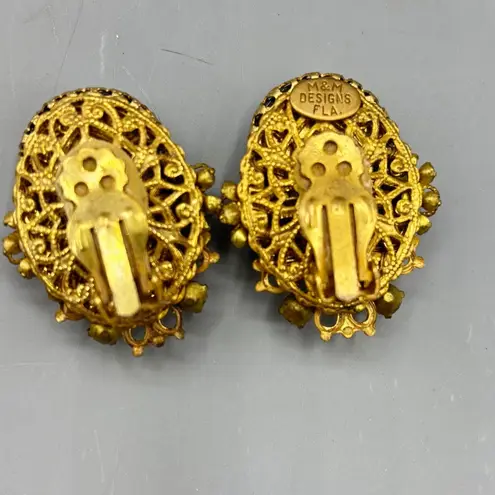 Vtg M&M Designs Gold Tone Black Crystal Beaded Floral Bangle Bracelet Earring