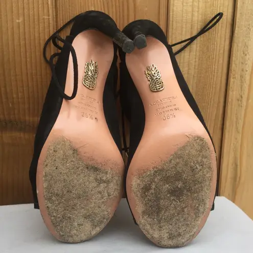 Aquazzura Mayfair open-toe black Suede lace-up bootie sandal size 36.5 US 6.5