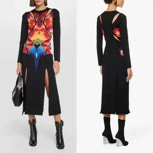 Alexander McQueen Orchid Jacquard Midi Dress Cutouts Medium Black Red Yellow NWT
