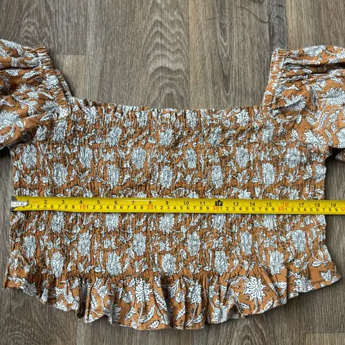 Daughters of India Women’s XL Shirring Cotton Top Brown Boho Peasant Blouse