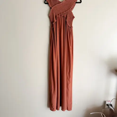 Flawless Brown Shirred Criss Cross Maxi Dress - Medium