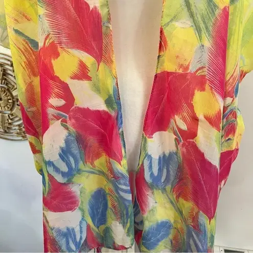 Vintage Y2K Bright Floral Kimono Wrap Tassel Hem Festival Beach Boho OS Red Size 1X