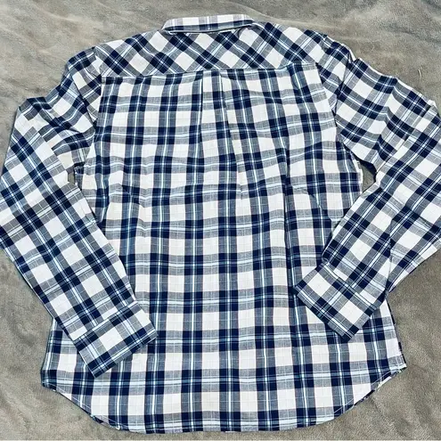 NWT UNTUCKit Size 0 Navy Blue White Plaid Women Long Sleeve Button Up Causal