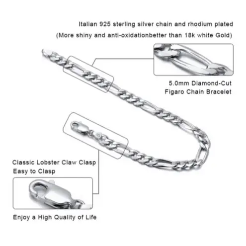 Boutique NEW Unisex Rhodium Plated 925 Sterling Silver Figaro Chain Bracelet, 8”