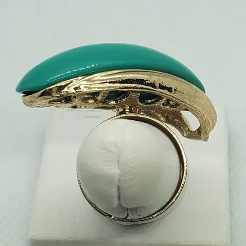 Vintage Retro Teal & Gold Colored Adjustable Ring Blue