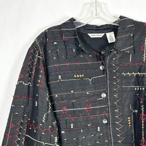 Laura Ashley Size Large Top Beaded Silk Black Embroidered Button Up Blouse 1488