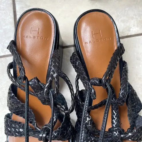H by Halston 7.5 Halston Piper Strappy Block Chunky Sandal Heels Black Leather Braided