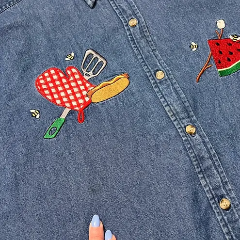 Vintage Denim Shirt Button Down Embroidered Picnic Summer Grilling L Large XL Blue